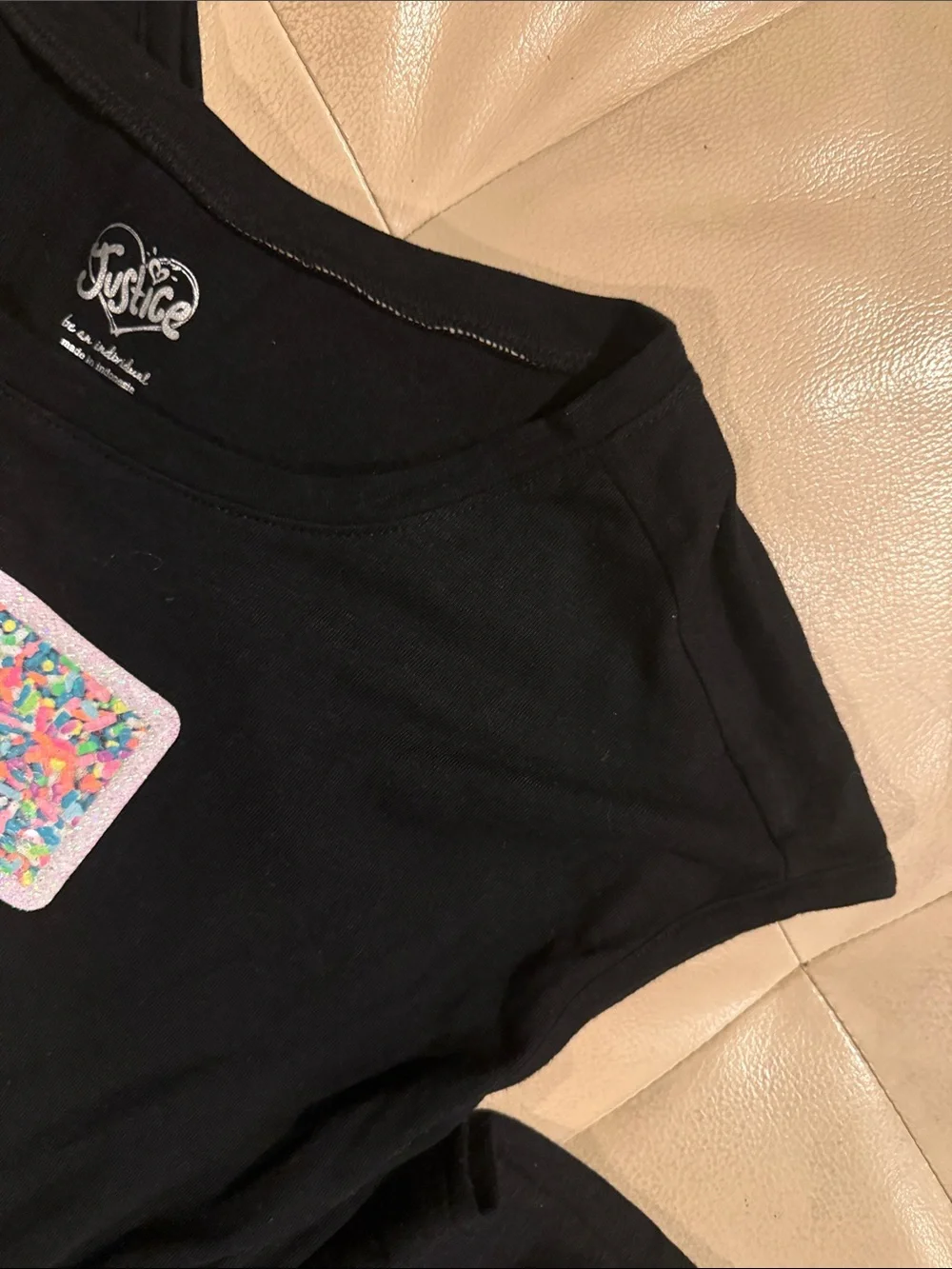 Justice Black Short Sleeve Tee with Multicolor Confetti 'T' Graphic